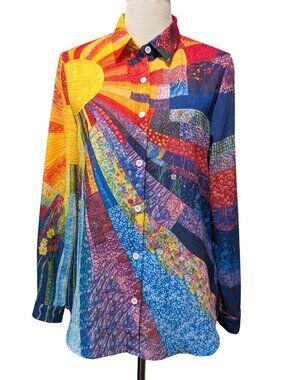 Shall We Womens Size M Colorful Sun Floral Patchwork Print L/S Button Up Top